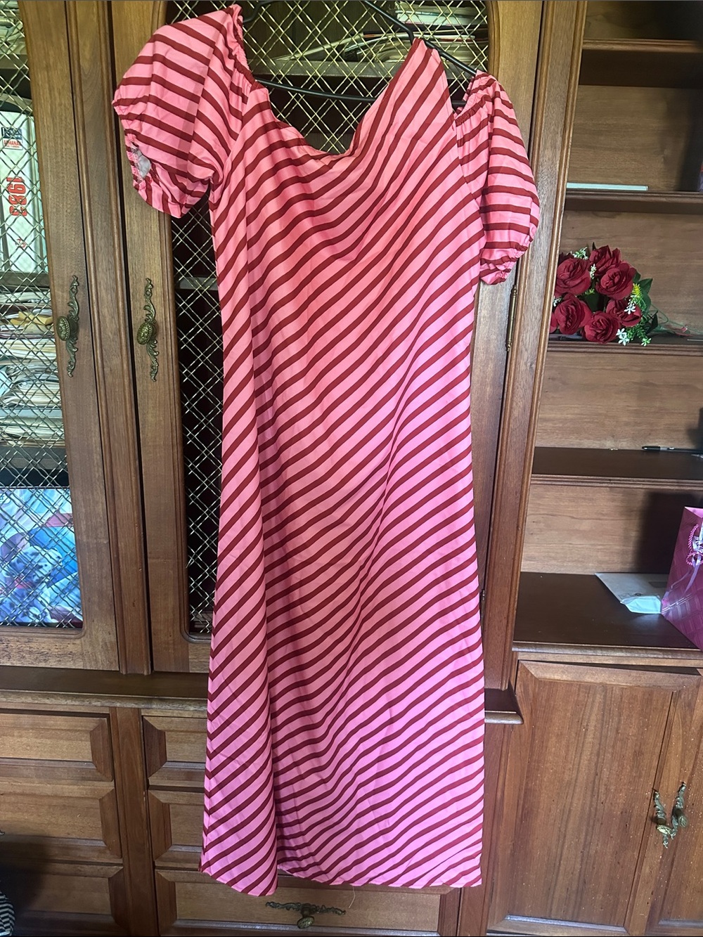 Pink & Maroon Striped Maxi Dress – Puff Sleeve